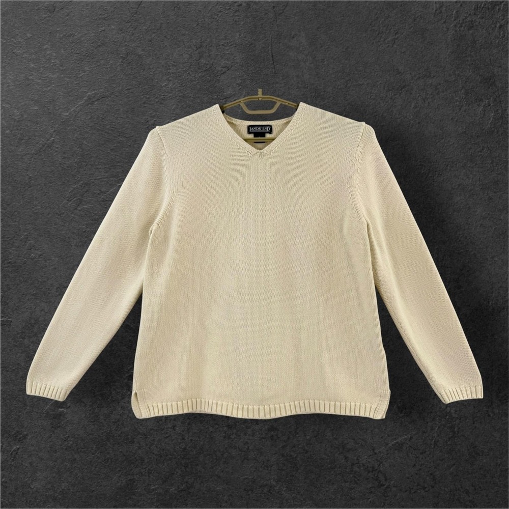 Lands' End Sweater Womens Large Cream Cotton V Neck Knit Pullover Hong Kong